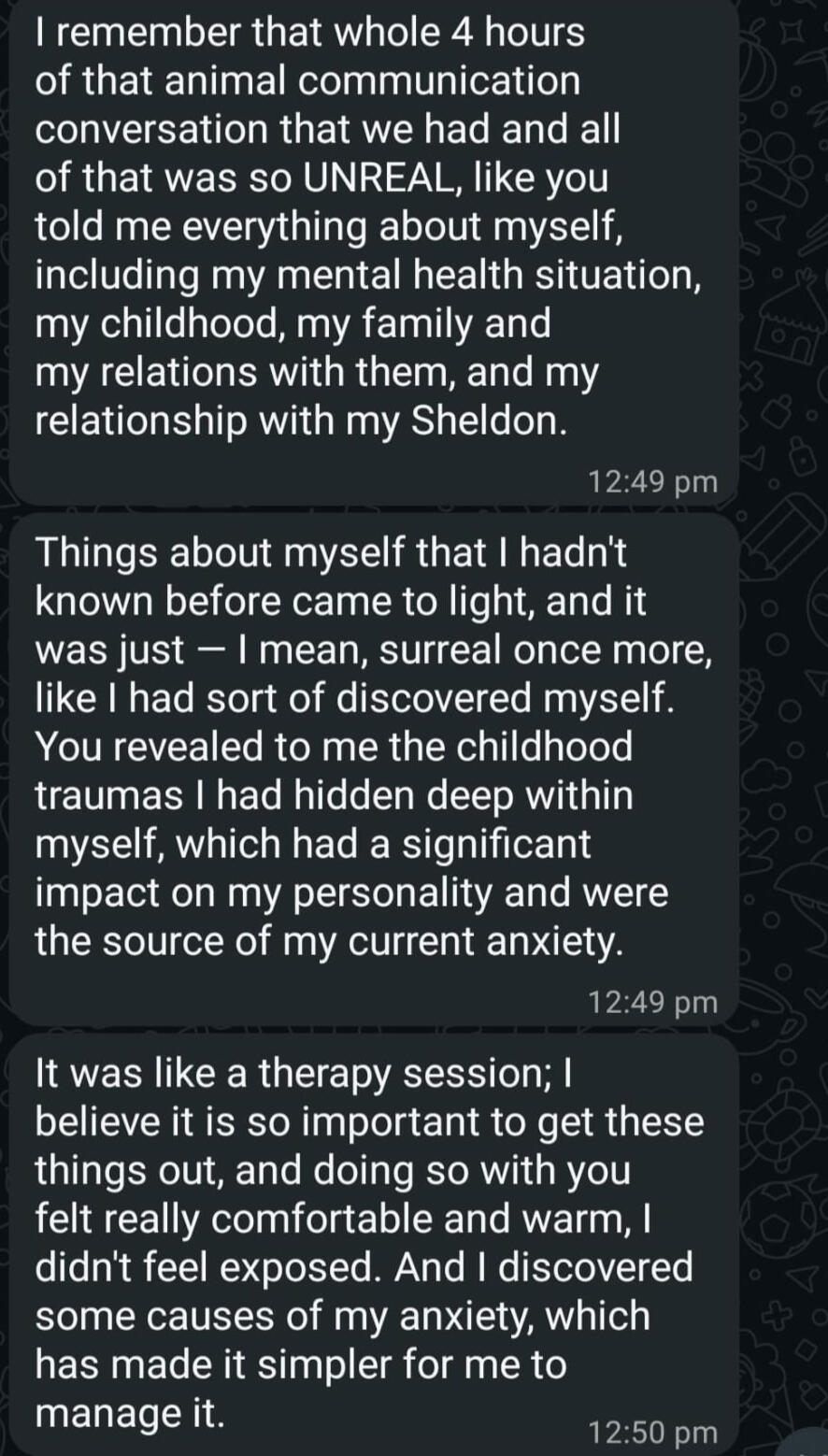 Pet parent testimonial for animal communication services